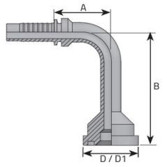 Embout à bride 90° long - 3000 PSI - 1" DN 44 - Ø Int. tuyau 19 - 3/4 - B 140 mm