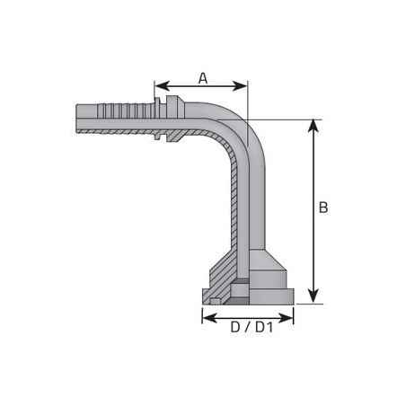 Embout à bride 90° long - 3000 PSI - 1" DN 44 - Ø Int. tuyau 19 - 3/4 - B 140 mm