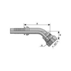 Embout femelle JIS KOMATSU - M24X150 - Ø 22,5mm - Coude 45° - Ø Int. tuyau 16 mm - 5/8 + JUPE