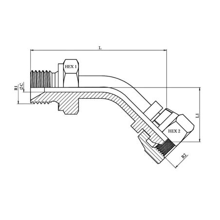 coude tube 45º m-f. tourn. fbsp(60º) 1" 1/4 mbsp 1" 1/4 fbsp