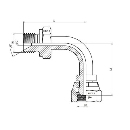 coude tube 90º - male-femelle. tourn. fbsp (60º) 1"1/2 mbsp 1"1/2 fbsp